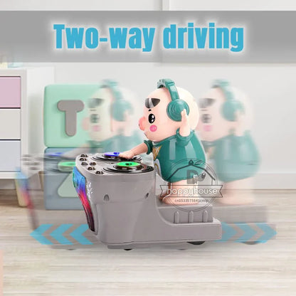 A teal dancing pig toy with green headphones sits on a gray electronic dj light mixer with colorful led musical lights