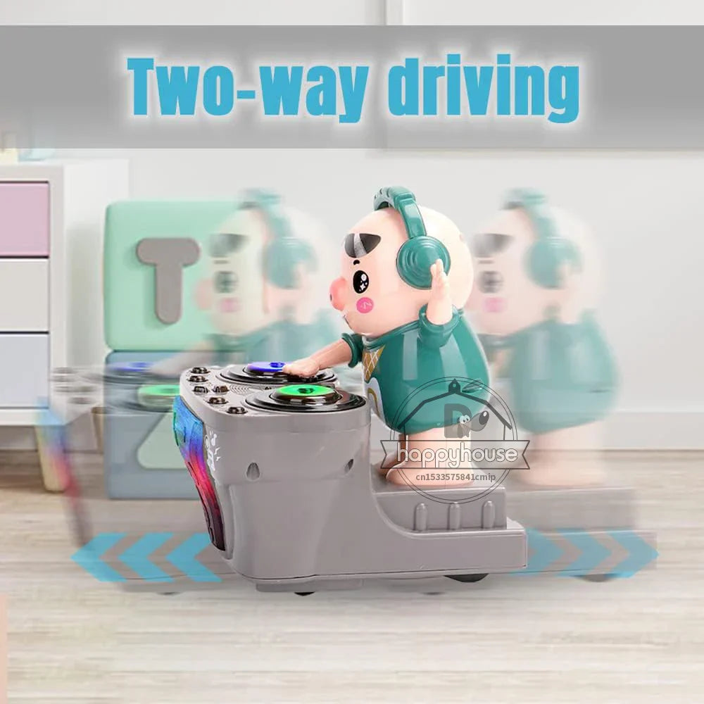 A cartoon dancing pig toy in teal outfit with green headphones on a gray electronic dj light mixer with colorful LED lights