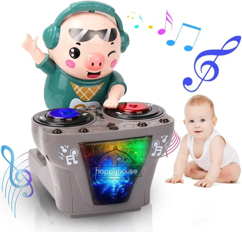 A cheerful electronic dj light dancing pig toy with green headphones, colorful led turntables, and music for kids