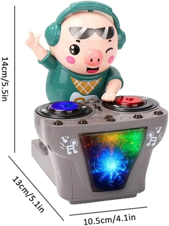 A cheerful green electronic dj light pig dancing toy with headphones and sunglasses on a gray turntable with leds