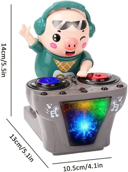 A cheerful green electronic dj light dancing pig toy with headphones on a gray turntable with colorful led lights