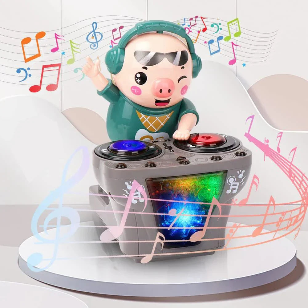 A cheerful green dancing pig toy with headphones on a gray electronic dj light turntable musical toys cute for kids