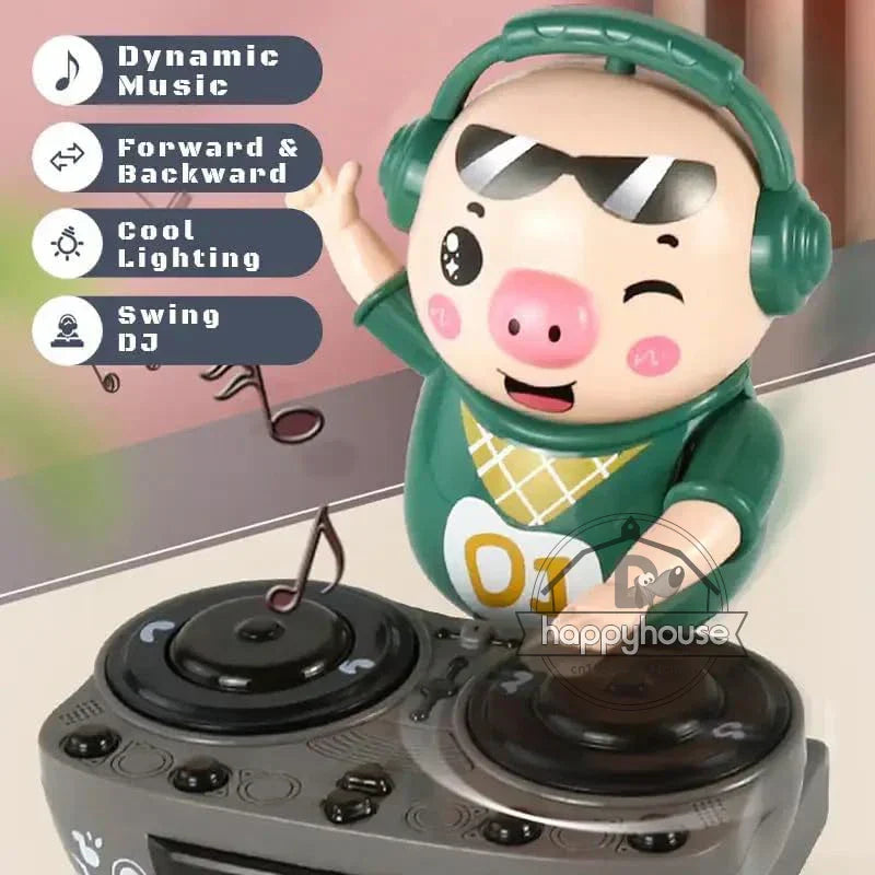 Green plastic electronic dj light dancing pig toy wearing sunglasses and headphones with yellow plaid outfit