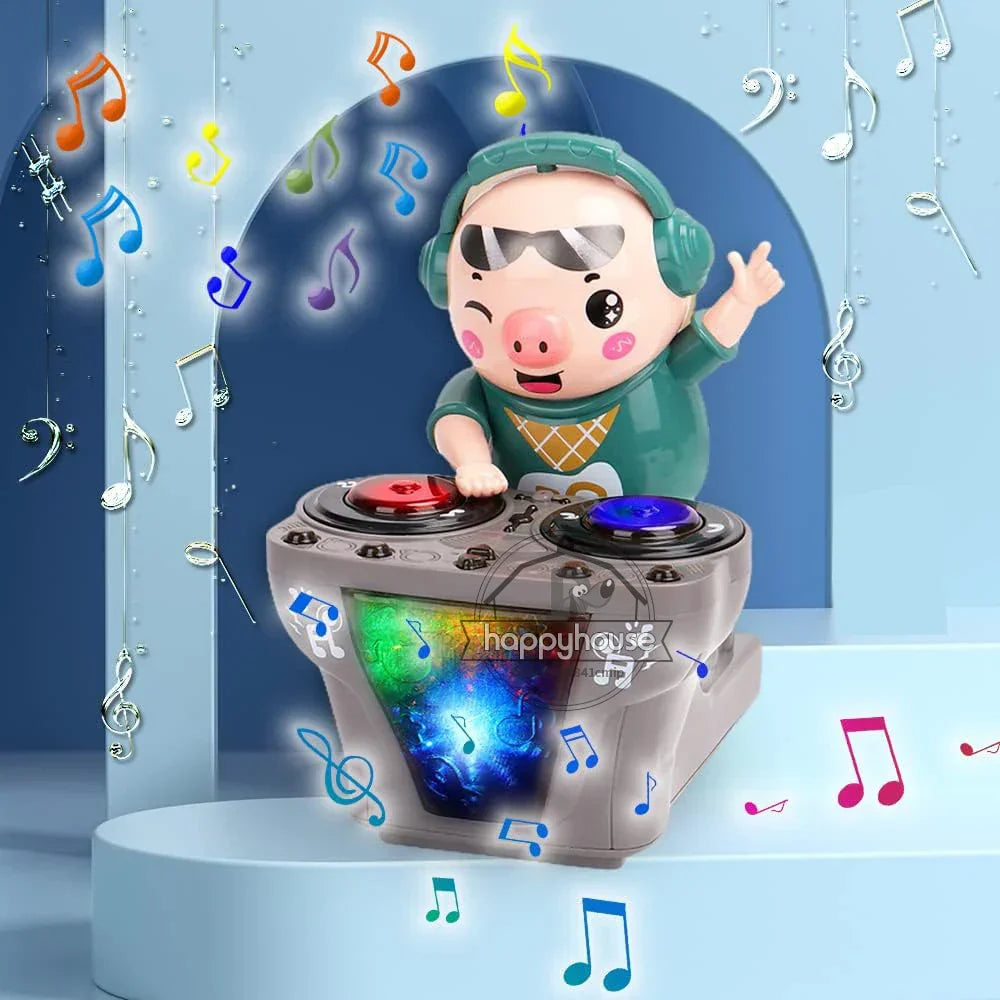 A cute dancing pig toy with green headphones on a gray electronic dj light turntable with red and blue led lights