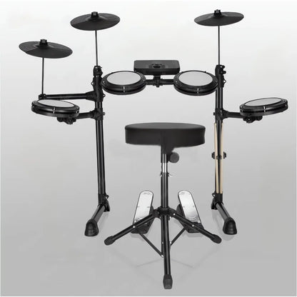 Black electronic drum set with five silicone pads, three cymbals, USB MIDI, headphone interface, and matching stool