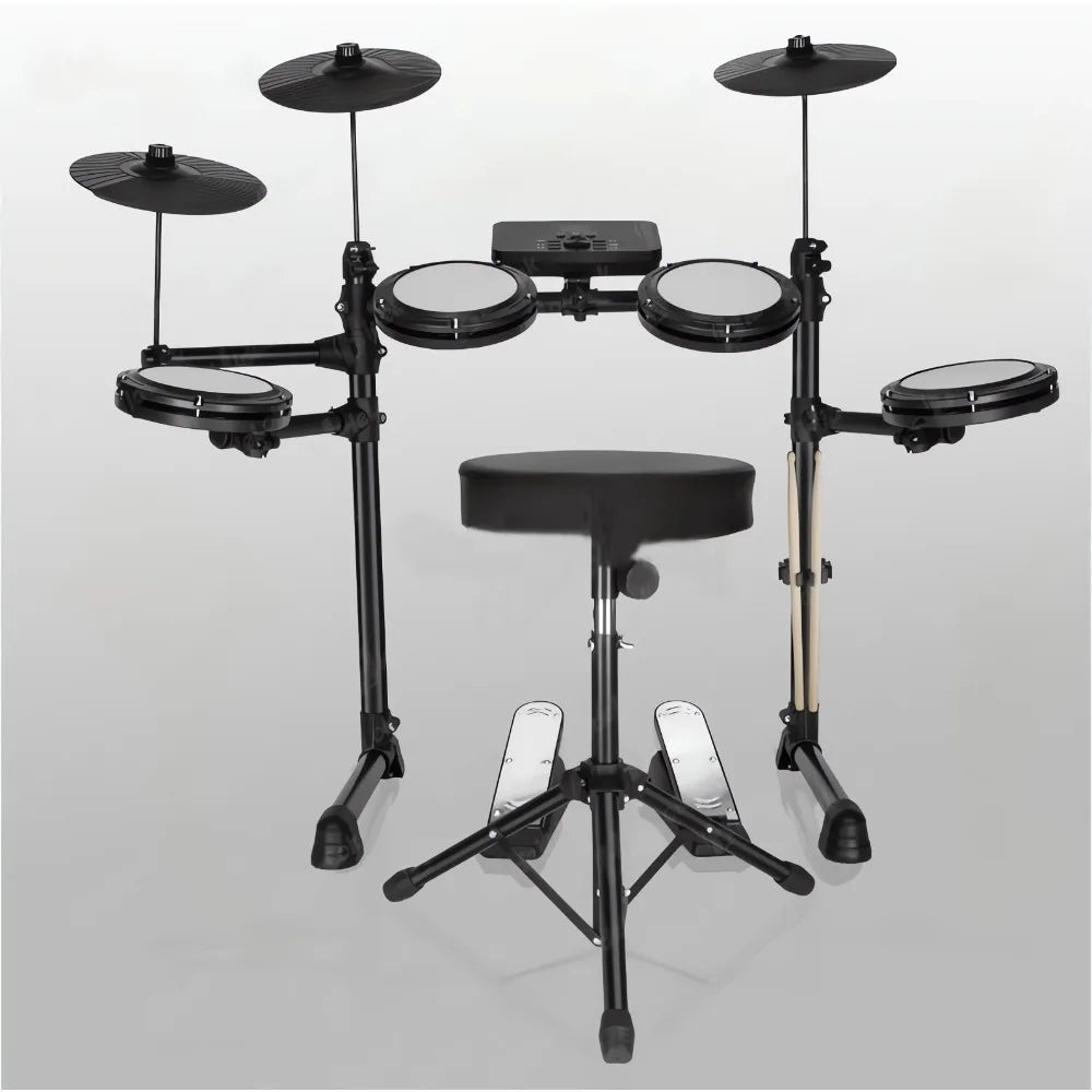 Black electronic drum kit with 4 silicone pads, 3 cymbals, midi headphone interface for type beat music