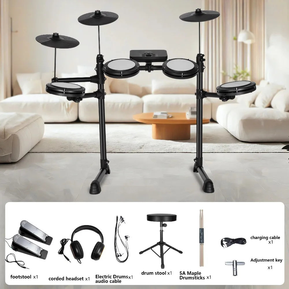Black all-silicone electronic drum set with five pads three cymbals and midi headphone interface for type beat music