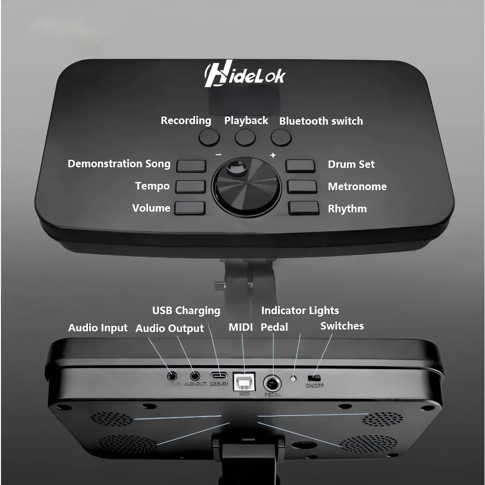 Black hidelok electronic drum pad with central dial and labeled buttons for recording playback tempo volume and bluetooth switching