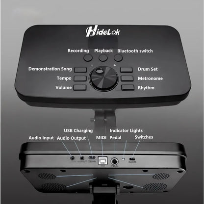 Black hidelok electronic drum pad with central dial and labeled buttons for recording playback tempo volume and bluetooth switching