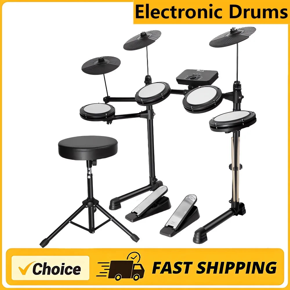 Black electronic drum set with white silicone drum pads black cymbals midi headphone interface for type beat music