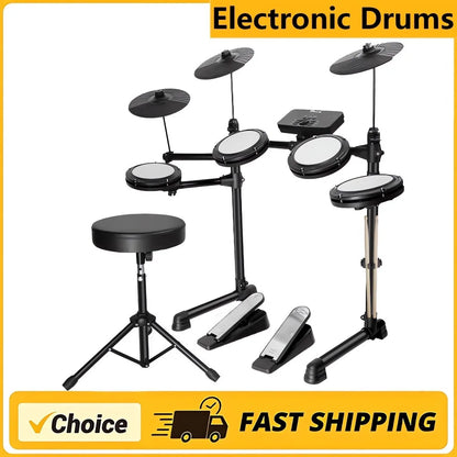 Black electronic drum set with white silicone drum pads and black cymbals featuring usb midi and headphone interface