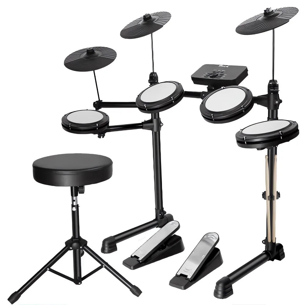 Black electronic drum set with white silicone pads, tones usb midi, midi headphone interface, and matching stool