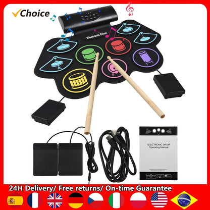 Black electronic drum set with 9 illuminated pads wooden sticks midi interface and roll drum percussion features