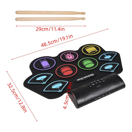 Black electronic drum set with nine colorful circular pads and wooden drumsticks featuring midi interface for roll drum percussion