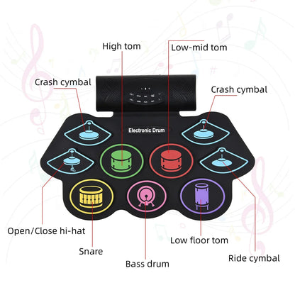 Black electronic drum set with nine colorful illuminated hand roll drum pads and midi interface for percussion use