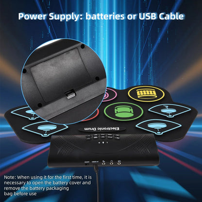 Black electronic drum set with colorful illuminated pads, midi interface, hand roll drum design, and matching control unit