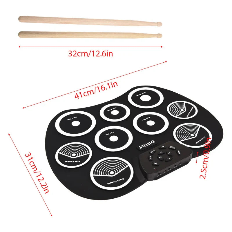 Black electronic drum set with white pads and midi interface supports dtx games portable with wooden drumsticks