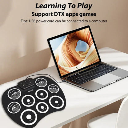 Black dtx electronic drum set with white pads and control buttons featuring midi interface supports dtx games portable use