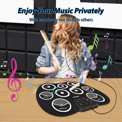 Black electronic drum set with 9 hand-rolled pads and midi interface supports dtx games portable use