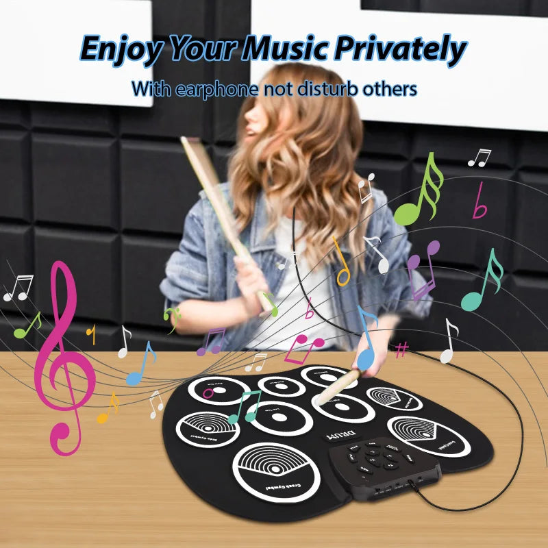 Black electronic drum set with nine circular pads and a midi interface supports dtx games portable use