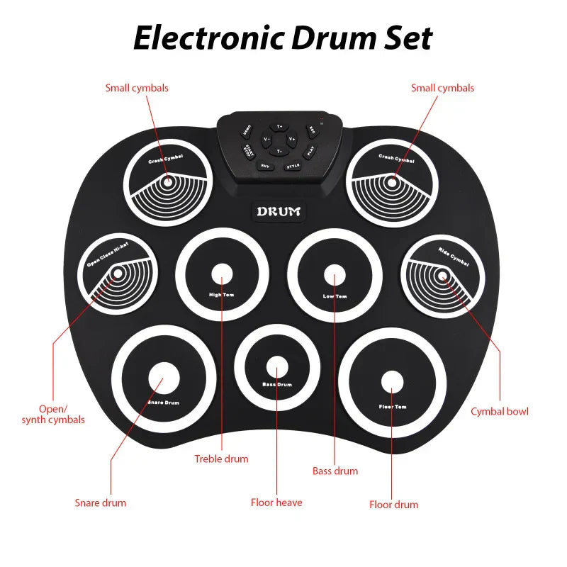Black electronic drum set with white circular pads and central control panel supporting midi interface dtx games portable