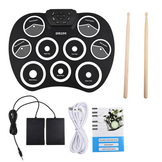 Black electronic drum set with nine white pads and midi interface supports dtx games portable use