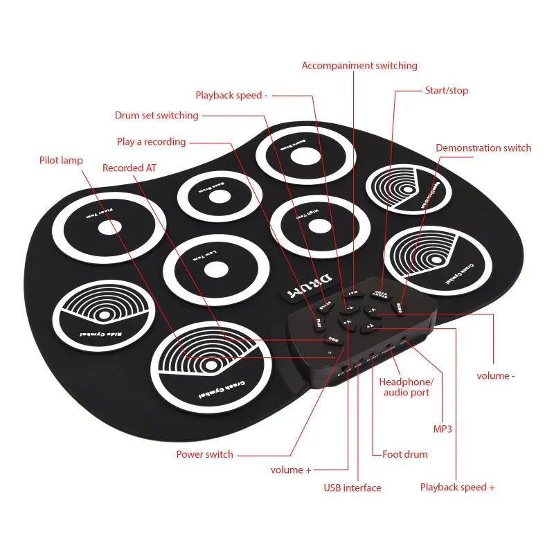 Black electronic drum set with nine white circular pads and midi interface supports dtx games portable use