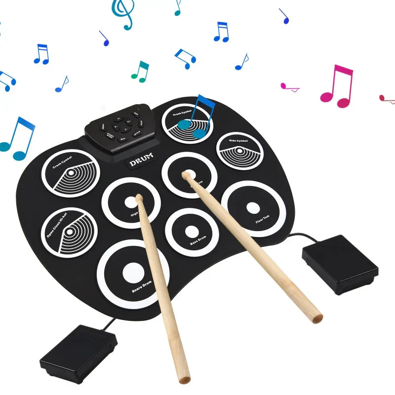 Black electronic drum set with wooden sticks and foot pedals featuring 9-pad midi interface supports dtx games portable
