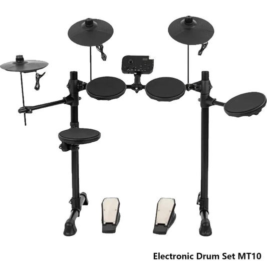 Black electronic drum kit mt10 with sleek metal frame usb midi headphone interface and 5-drum 3-cymbal silicone pads
