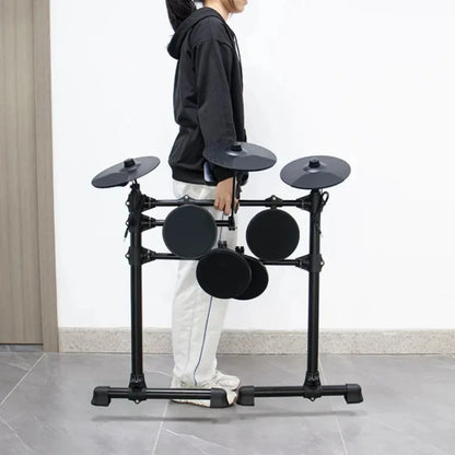 Black electronic drum kit mt10 with five silicone pads, three cymbals, usb midi headphone interface, and metal frame