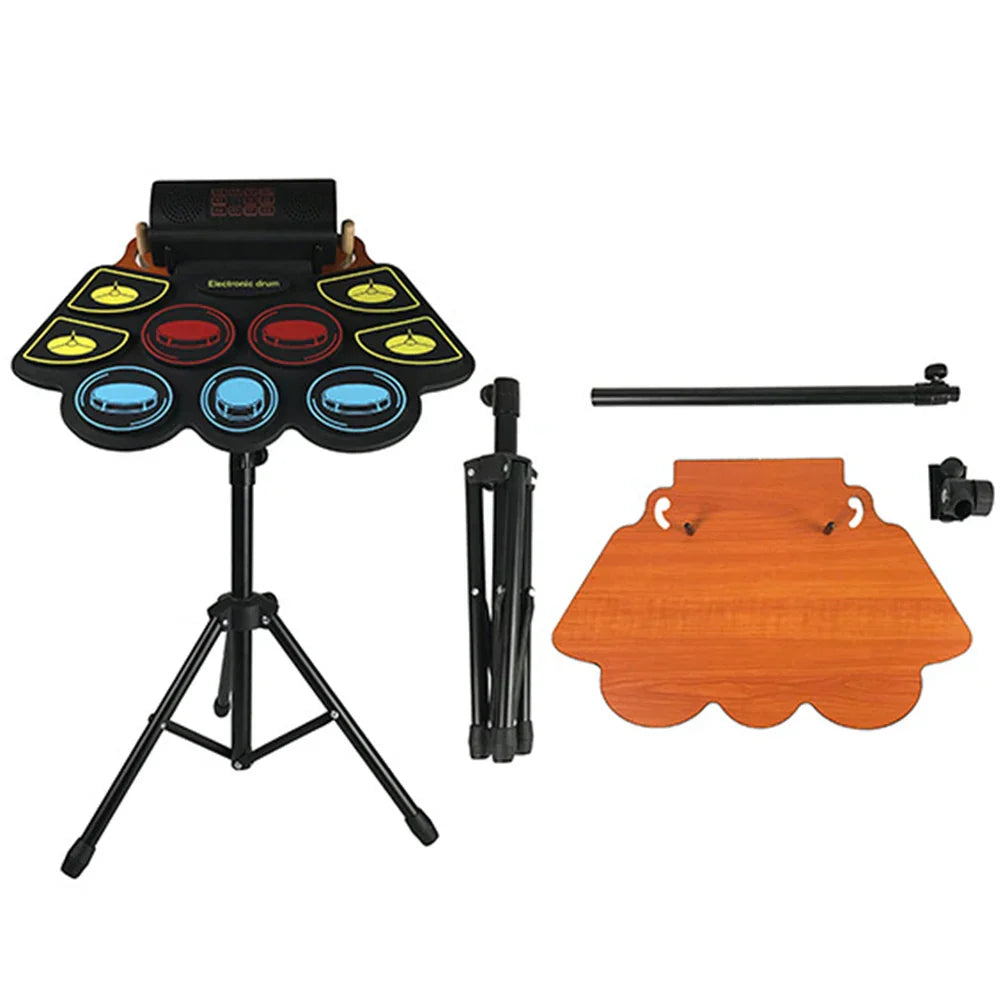 Black electronic drum set with colorful roll-up drum practice pads and drum sticks pedals for kids and adults