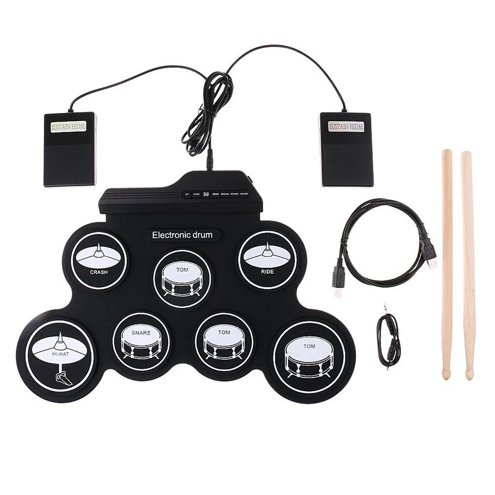 Black electronic drum set with labeled crash ride hi-hat snare tom pads roll-up drum practice with drum sticks pedals