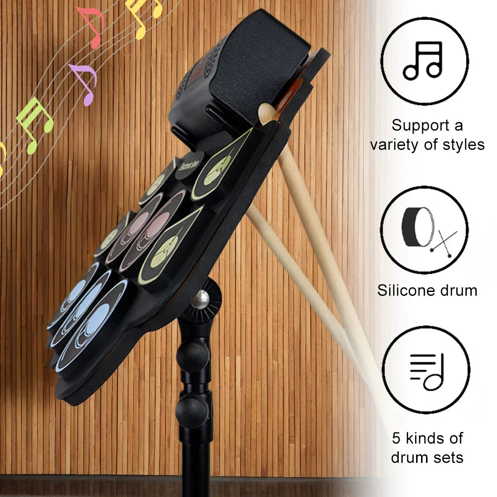 Black electronic drum set with silicone drums colorful illuminated pads roll-up drum practice with drum sticks pedals