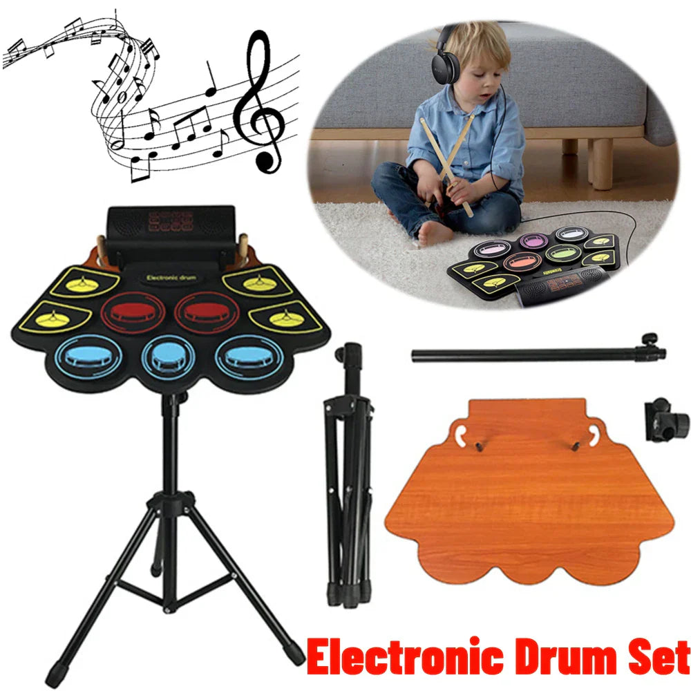 Black electronic drum set with colorful illuminated pads on flexible mat for roll-up drum practice with drum sticks pedals