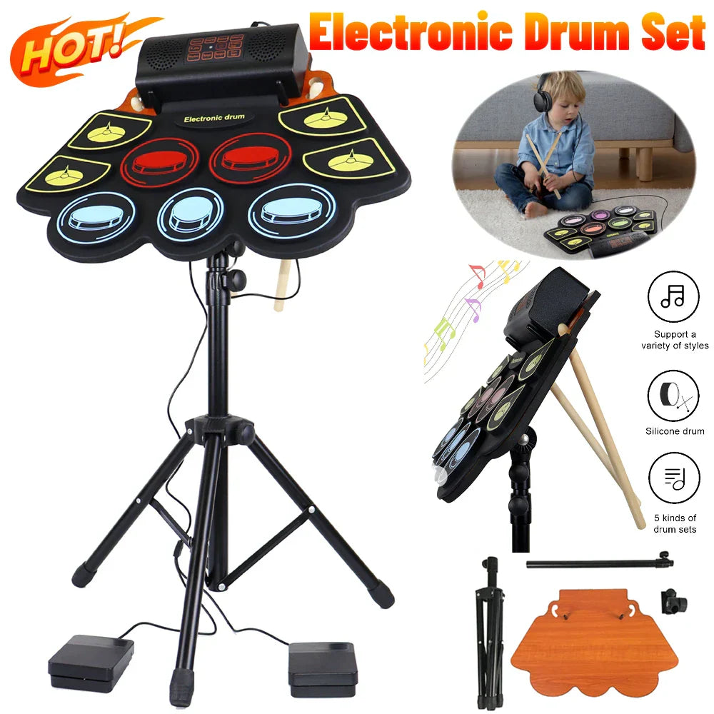 Black electronic drum set with colorful illuminated 9 pads and drum sticks pedals for roll-up drum practice