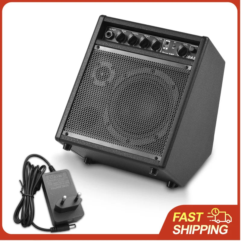 Black compact electronic drum speaker 25w portable with mesh grille and control knobs for practice drum amplifier use