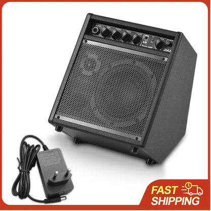 Black compact electronic drum speaker 25w portable with mesh grille and control knobs for practice drum amplifier use