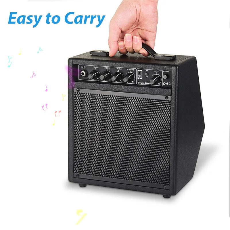 Black electronic drum speaker 25w portable with textured grille and control knobs for practice drum amplifier use