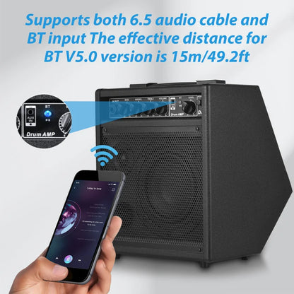 Black electronic drum speaker with mesh grille and control knobs for bass treble volume level 25w portable practice amplifier