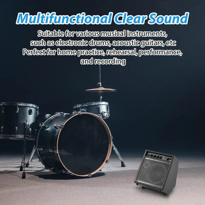 Black electronic drum set with chrome hardware next to a black wooden speaker 25w portable practice drum amplifier