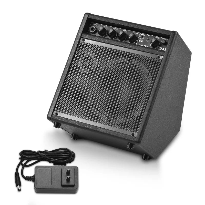 Black electronic drum speaker 25w portable with mesh grille and control knobs for practice drum amplifier use