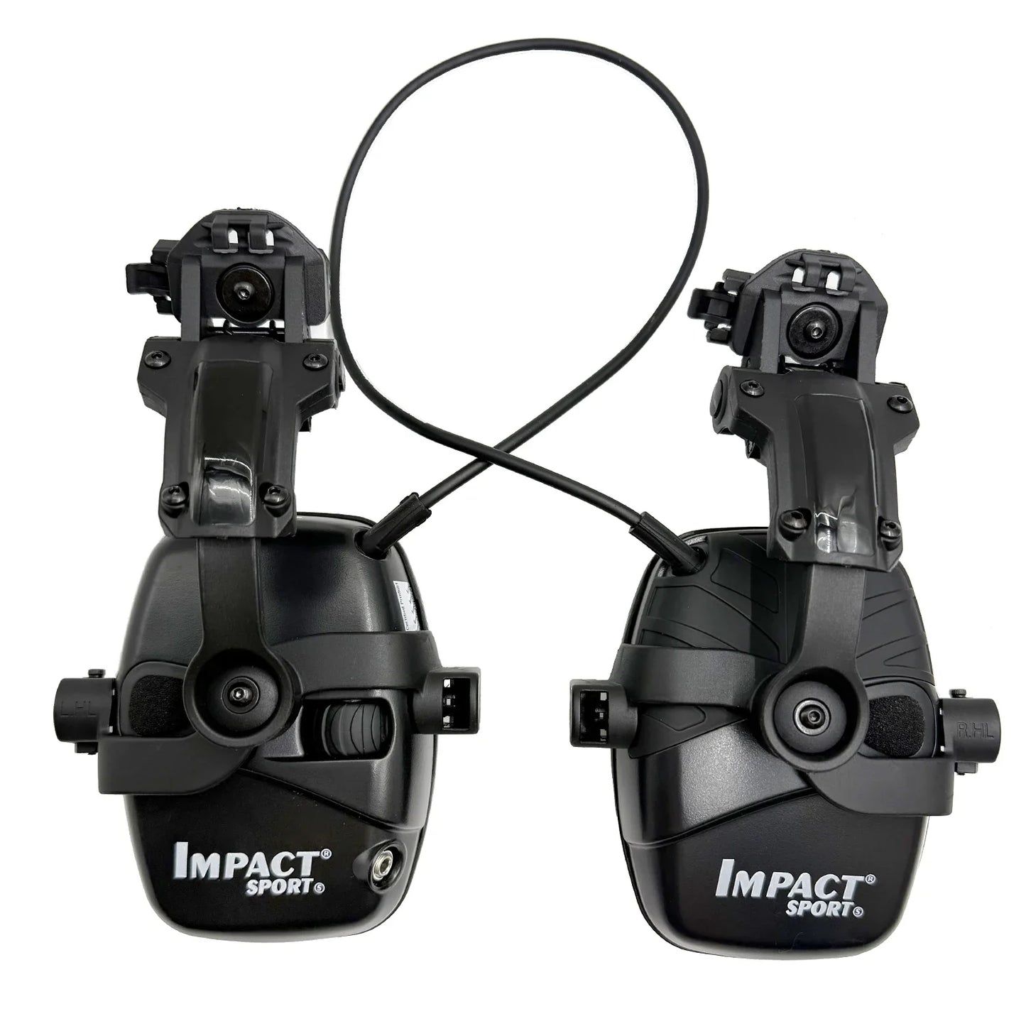 Black impact sport tactical electronic headphones with adjustable headband and microphone ports for range commands noise reduction