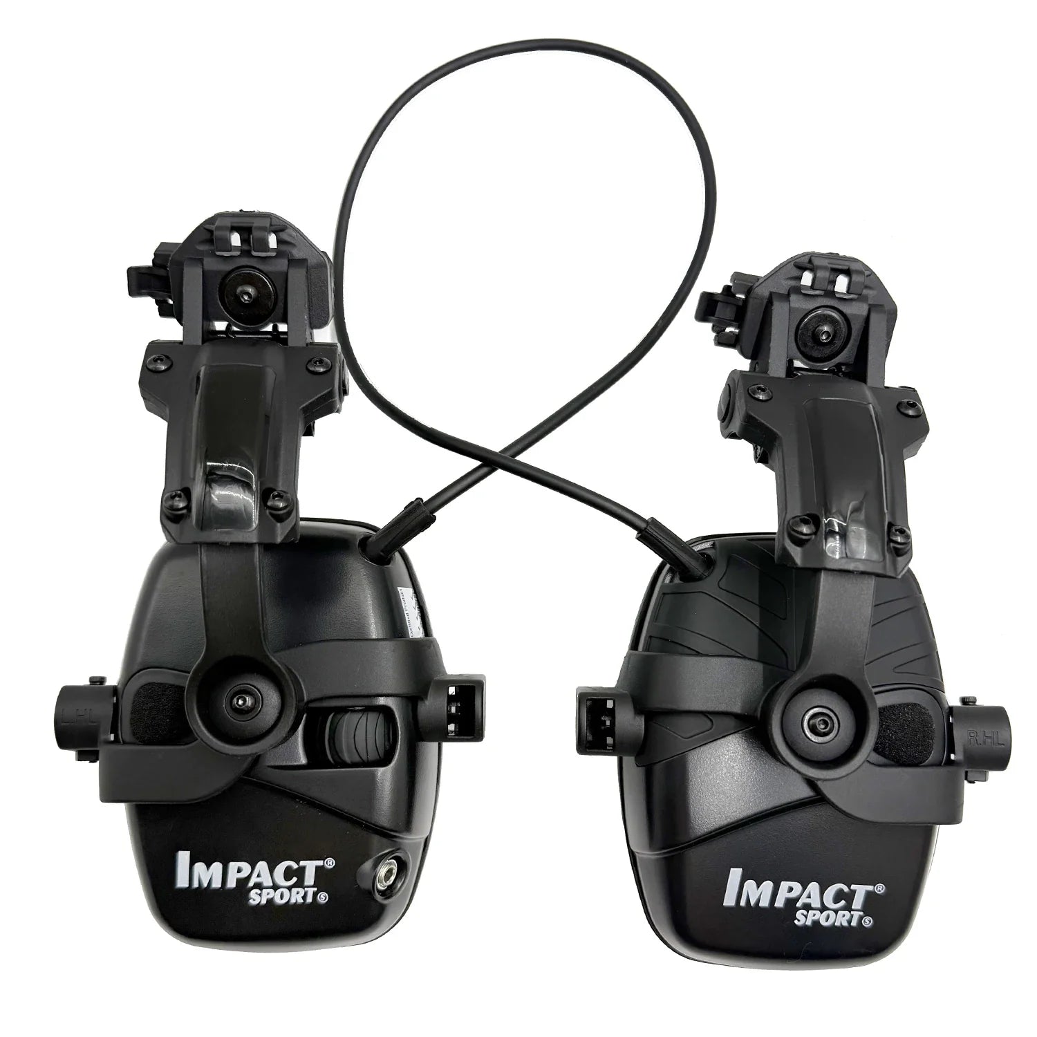 Black impact sport tactical electronic headphones with adjustable headband and microphone ports for range commands noise reduction