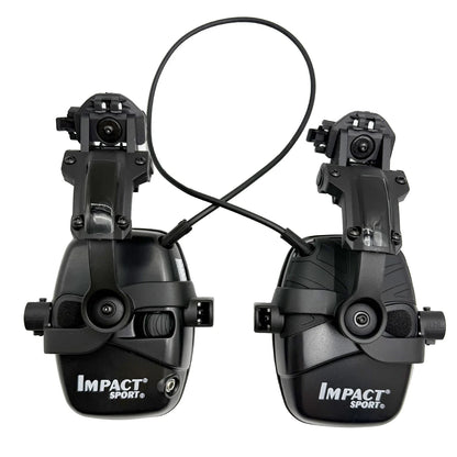 Black impact sport tactical electronic headphones with adjustable headband and microphone ports for range commands noise reduction