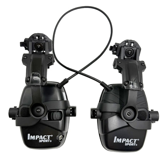 Black impact sport tactical electronic headphones with adjustable headband and microphone ports for range commands noise reduction