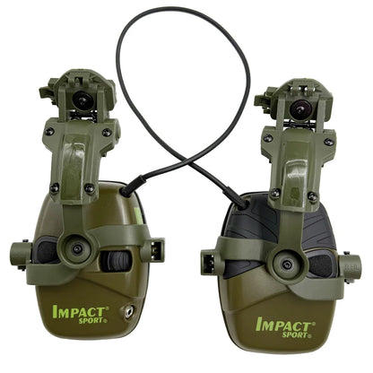Olive green impact sport tactical electronic headphones with black padded headband and adjustable straps for range commands hearing protection