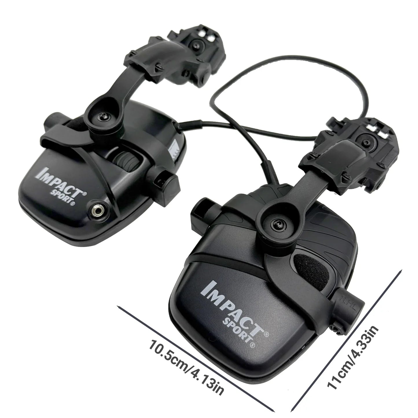 Black plastic electronic headphones with adjustable arms and wire for shooting anti-noise hearing protection actual item range commands