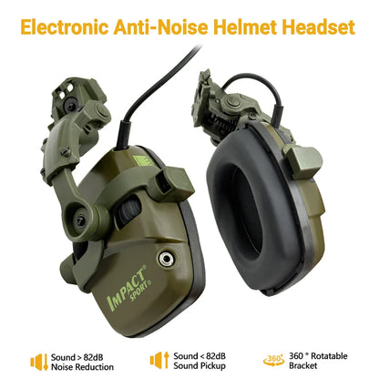 Olive green electronic anti-noise headphones with black earcups and 360-degree adjustable bracket for range commands use