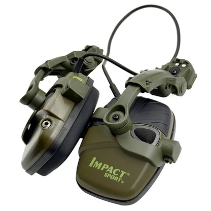 Electronic olive green impact sport tactical ear defenders with black accents and adjustable headband for range commands use