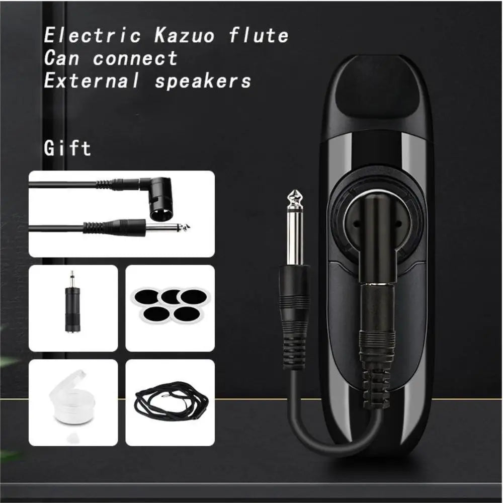 Black electronic kazoo musical flute with sleek metallic accents made of abs material ideal as woodwind music gift
